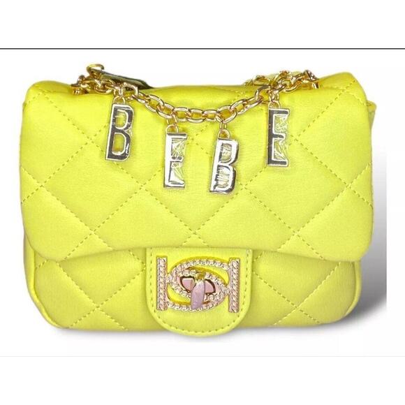 Bebe Wyatt V-Flap Chain Strap Purse Yellow With Gold-Toned Hardware NEW - Picture 1 of 14